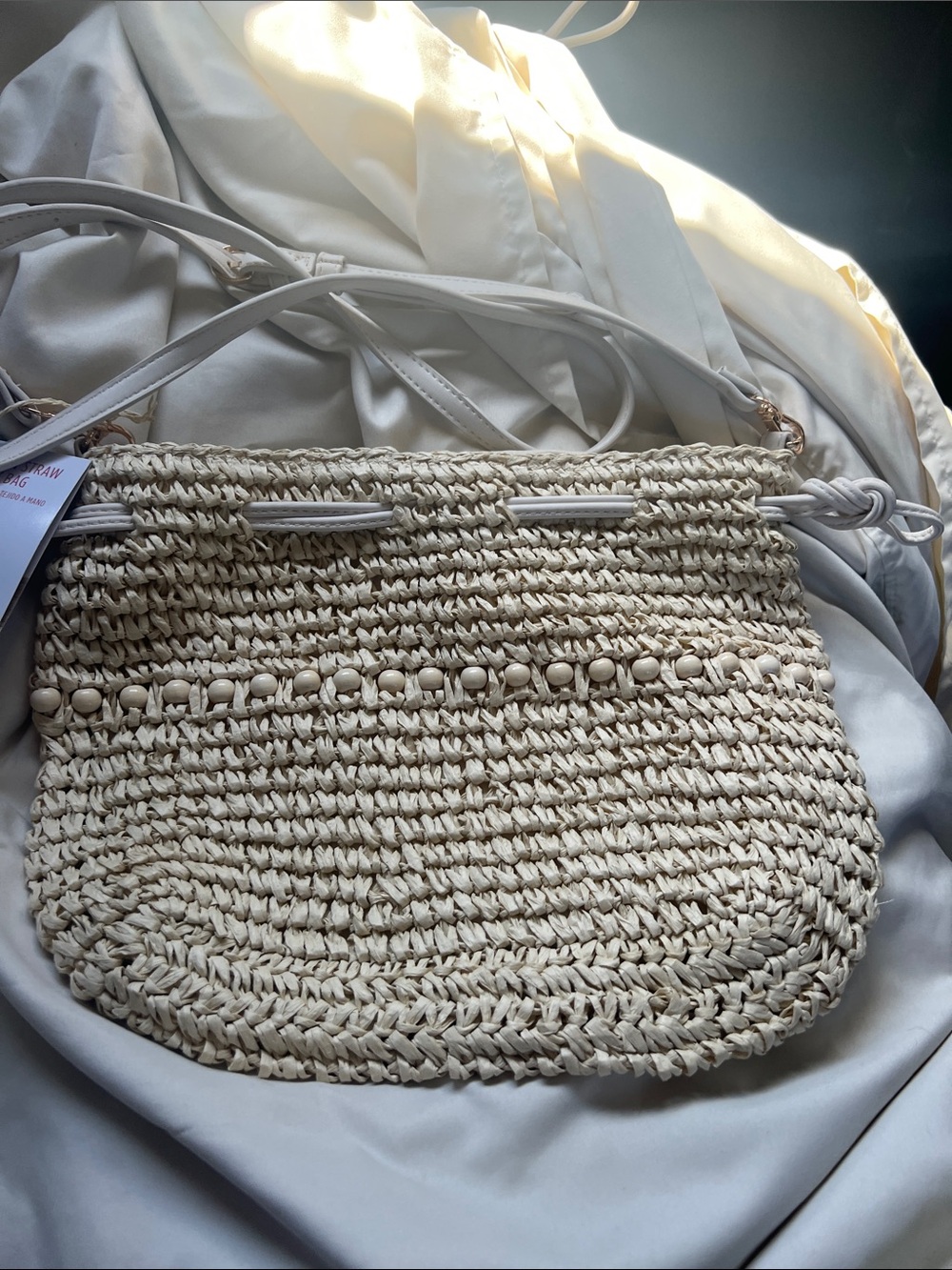 New handWoven straw Cream Crossbody Bag with Bead Accent
